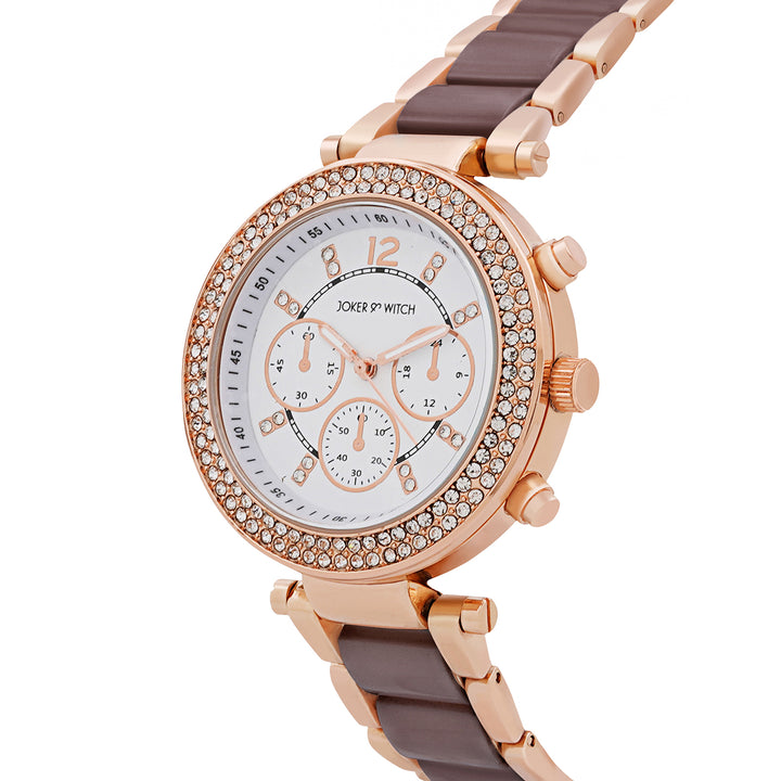 Suzanne White Large Rhinestone Dial Taupe Ceramic Linked Chain Strap Women's Watch