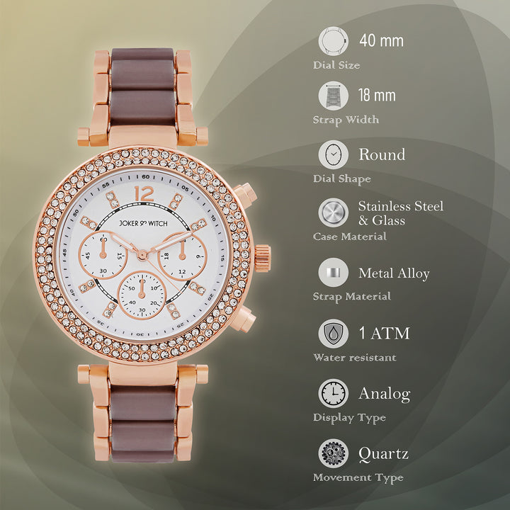 Suzanne White Large Rhinestone Dial Taupe Ceramic Linked Chain Strap Women's Watch