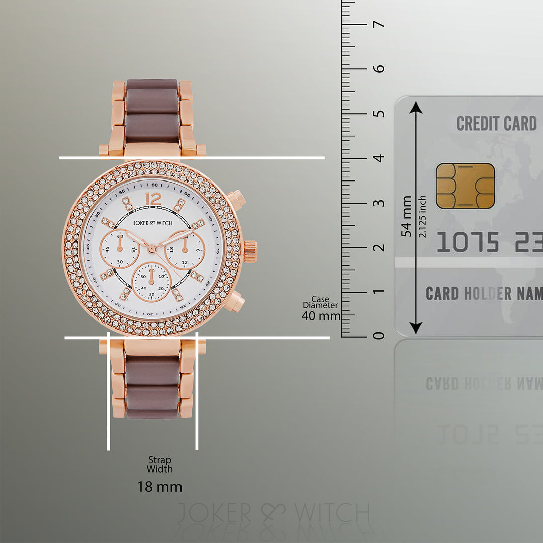 Suzanne White Large Rhinestone Dial Taupe Ceramic Linked Chain Strap Women's Watch