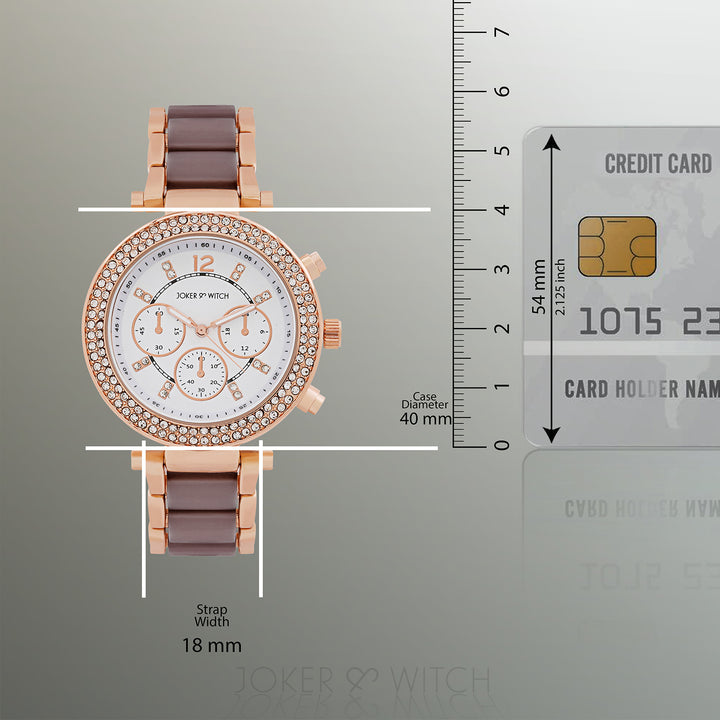 Suzanne White Large Rhinestone Dial Taupe Ceramic Linked Chain Strap Women's Watch