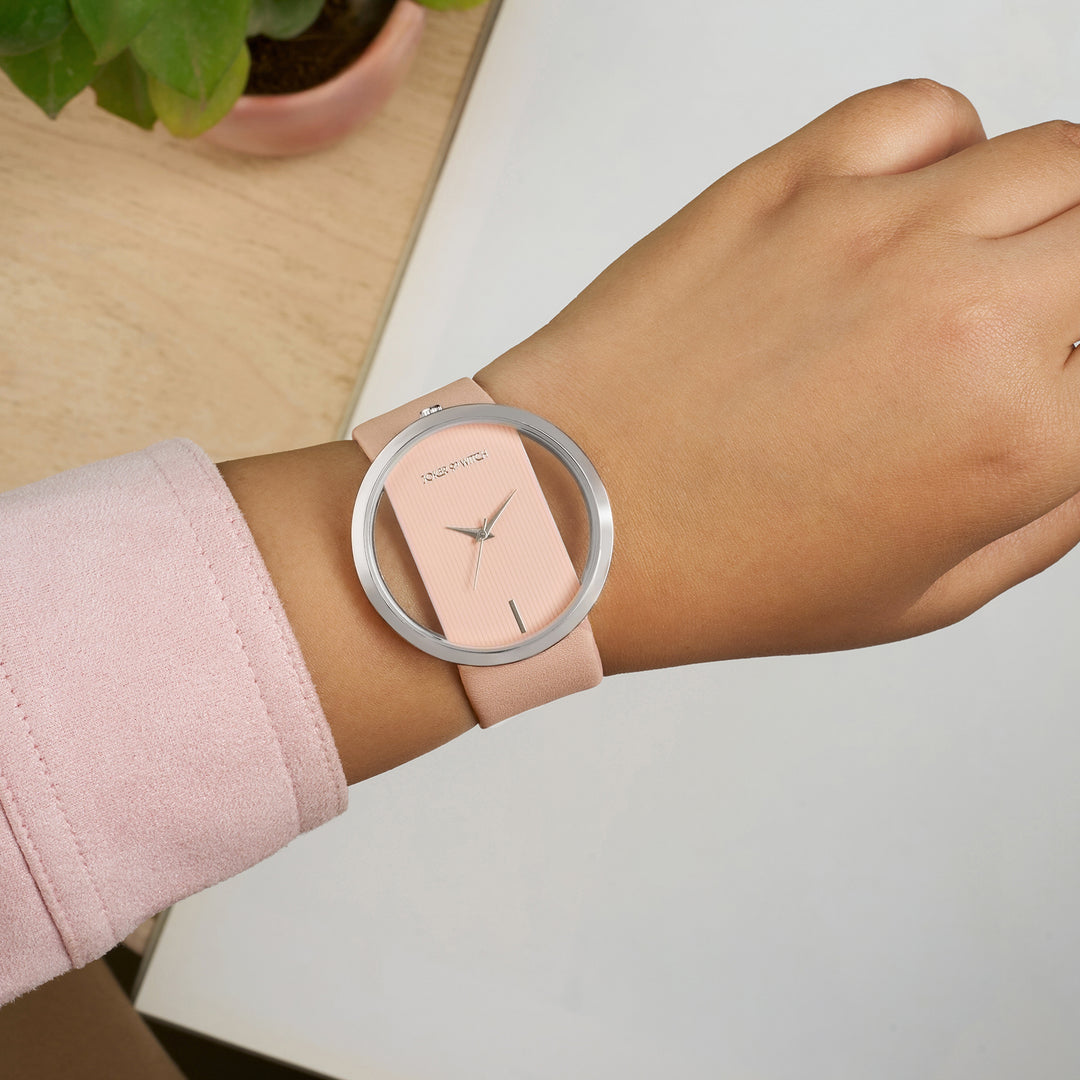 Futuristic Silver Pink Large Dial PU Strap Women's Watch