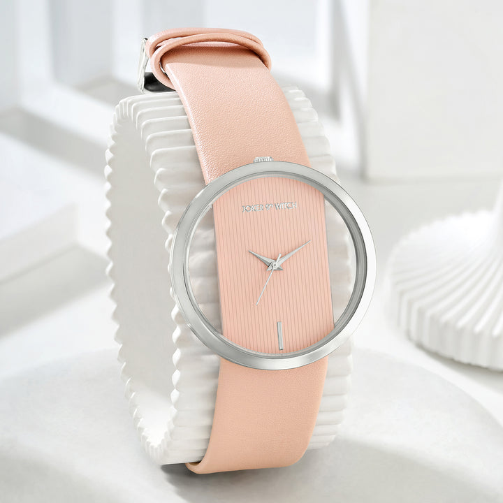 Futuristic Silver Pink Large Dial PU Strap Women's Watch