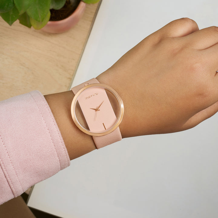 Futuristic Rose Gold Pink Large Dial PU Strap Women's Watch