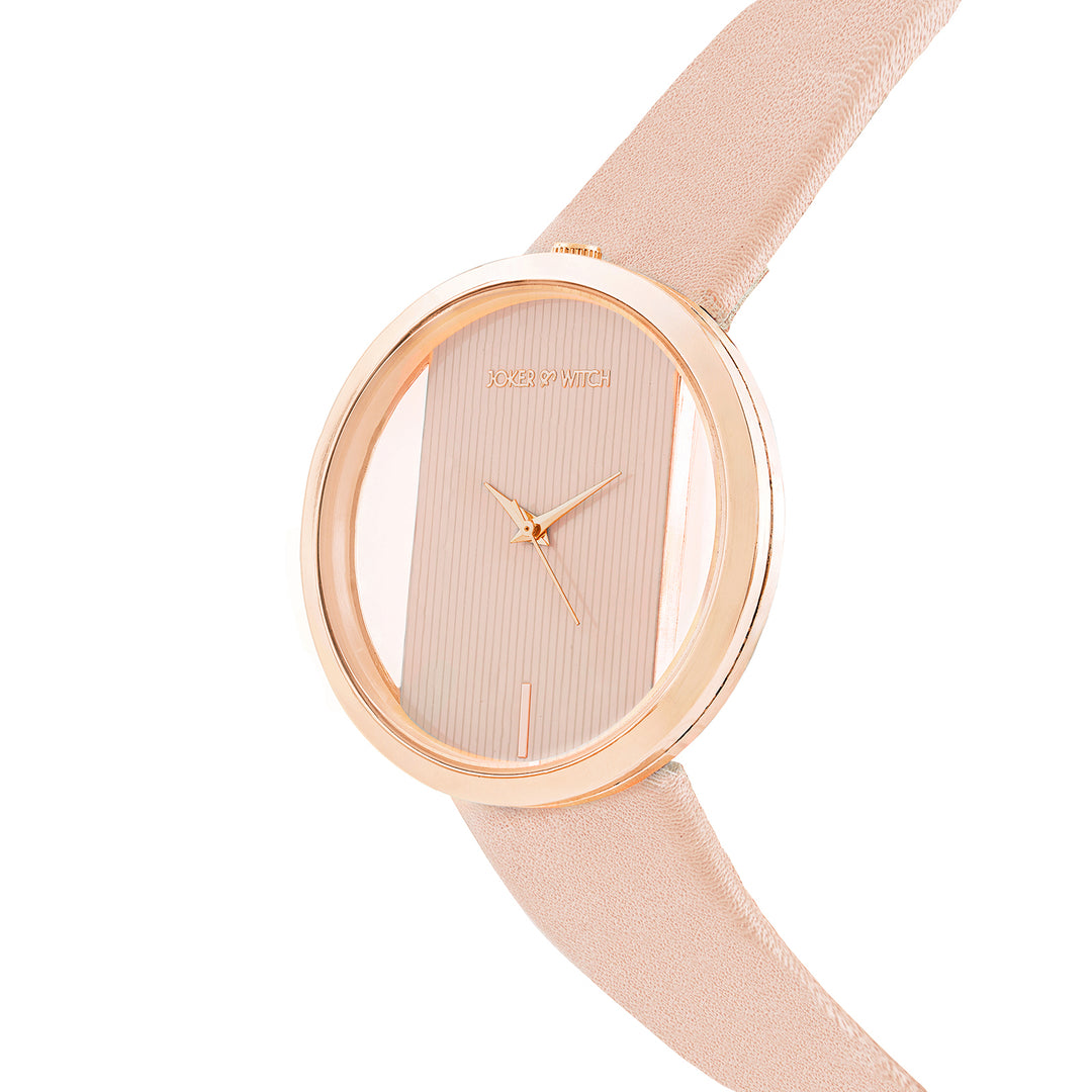 Futuristic Rose Gold Pink Large Dial PU Strap Women's Watch