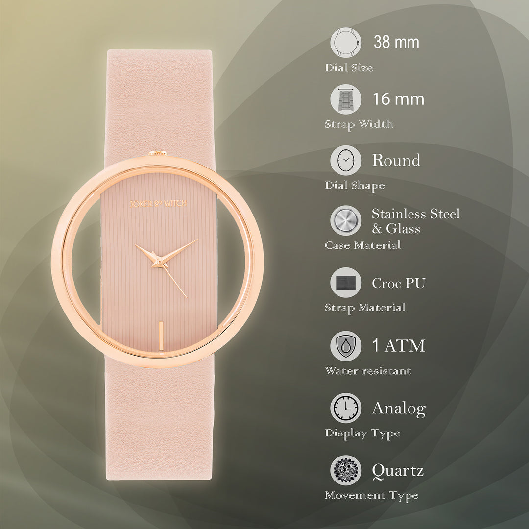 Futuristic Rose Gold Pink Large Dial PU Strap Women's Watch