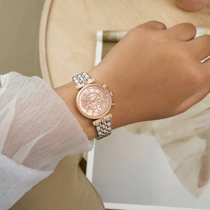 Solace Rosegold Sunray Crystal Glass Small Dial Dualtone Metallic Strap Women's Watch