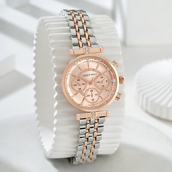 Solace Rosegold Sunray Crystal Glass Small Dial Dualtone Metallic Strap Women's Watch
