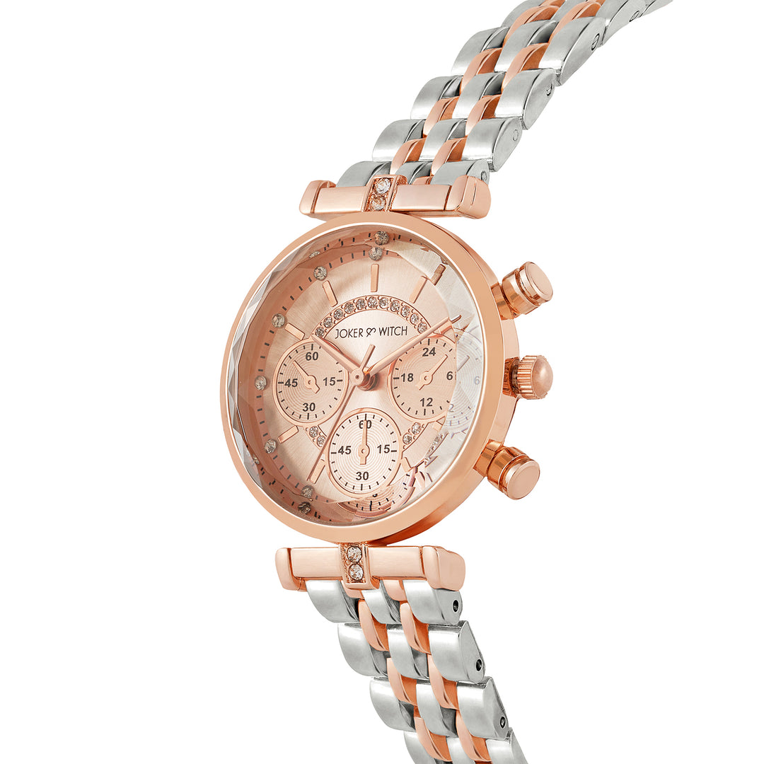 Solace Rosegold Sunray Crystal Glass Small Dial Dualtone Metallic Strap Women's Watch