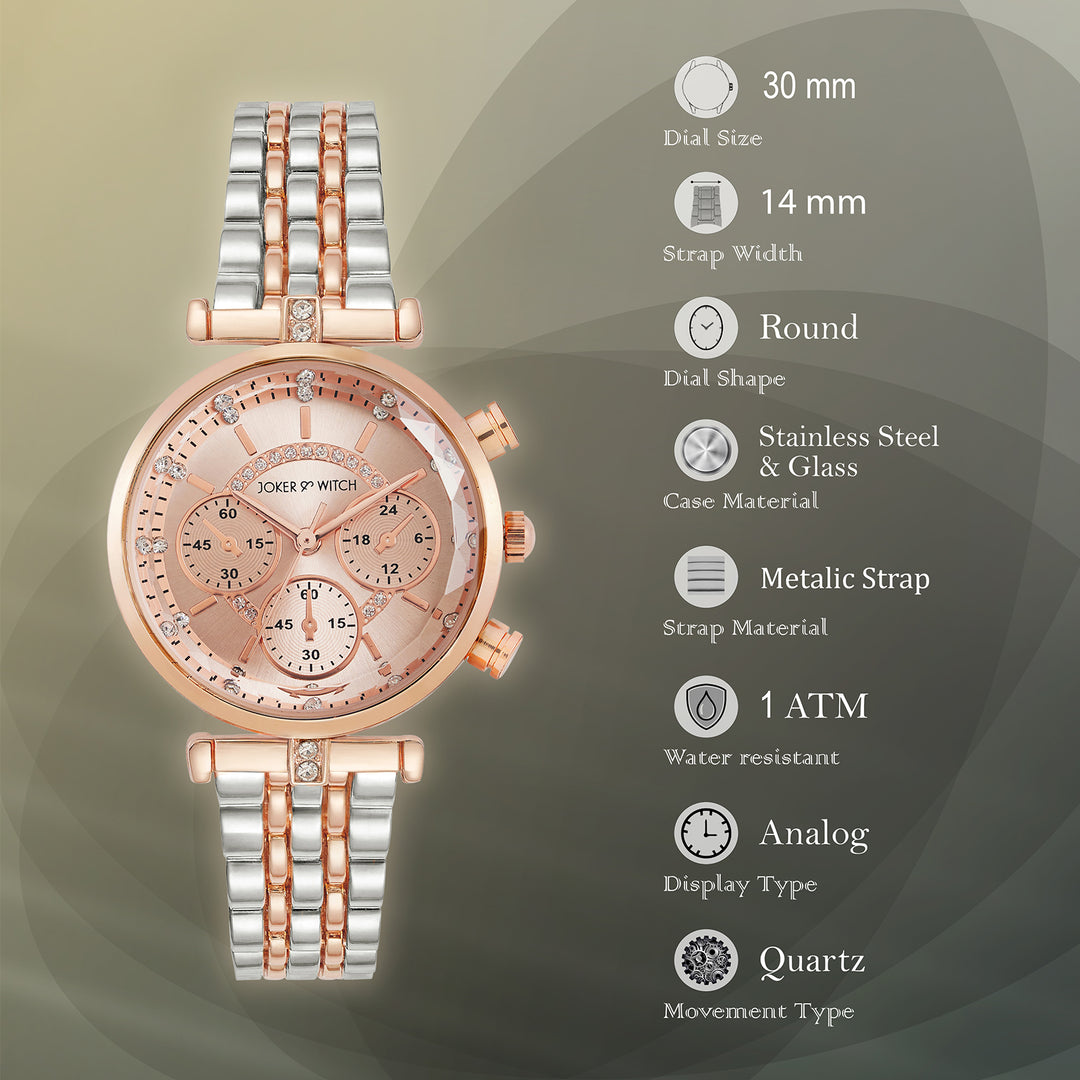 Solace Rosegold Sunray Crystal Glass Small Dial Dualtone Metallic Strap Women's Watch