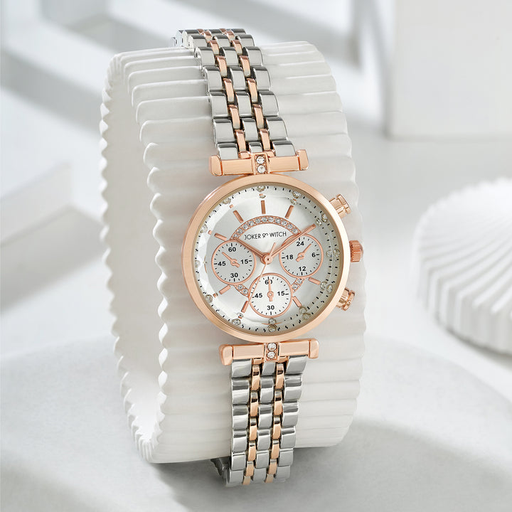 Solace Silver Sunray Crystal Glass Small Dial Dualtone Metallic Strap Women's Watch