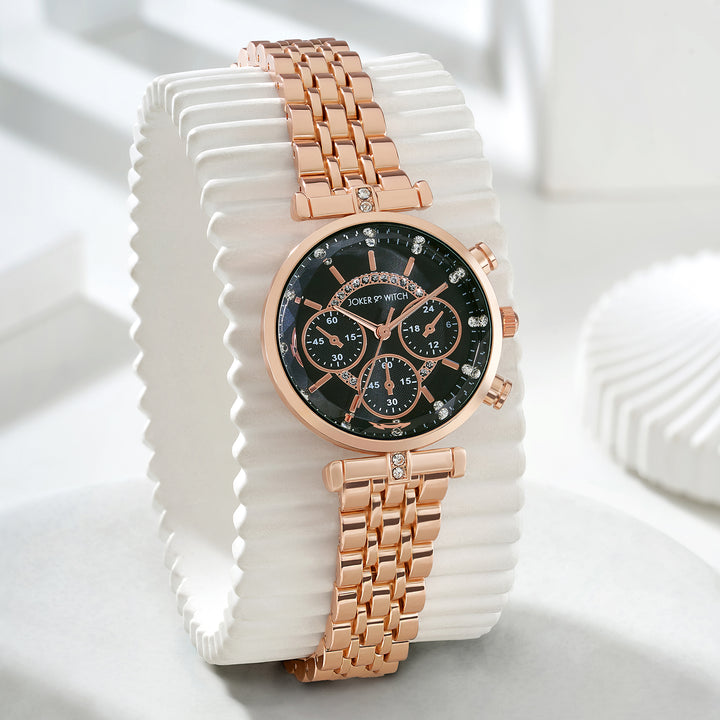 Solace Black Sunray Crystal Glass Small Dial Rosegold Metallic Strap Women's Watch