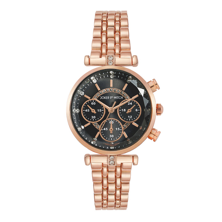 Solace Black Sunray Crystal Glass Small Dial Rosegold Metallic Strap Women's Watch