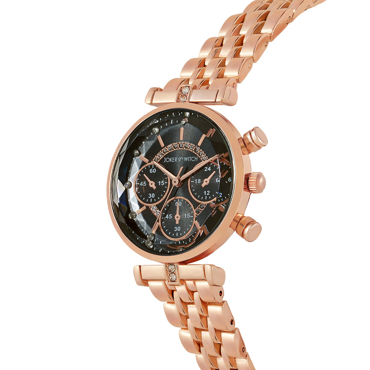 Solace Black Sunray Crystal Glass Small Dial Rosegold Metallic Strap Women's Watch