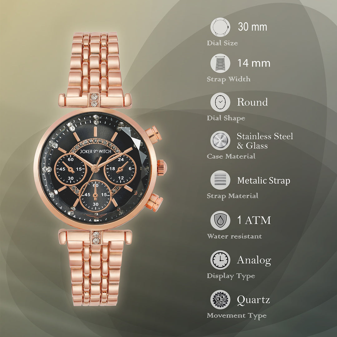 Solace Black Sunray Crystal Glass Small Dial Rosegold Metallic Strap Women's Watch