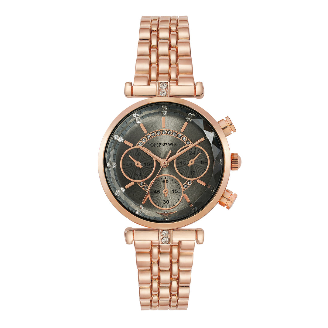 Solace Grey Sunray Crystal Glass Small Dial Rosegold Metallic Strap Women's Watch