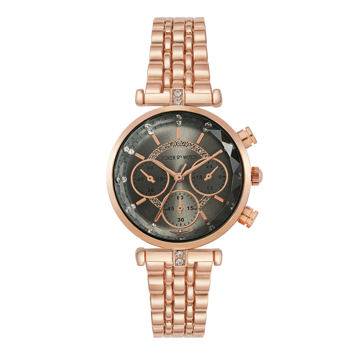 Solace Grey Sunray Crystal Glass Small Dial Rosegold Metallic Strap Women's Watch