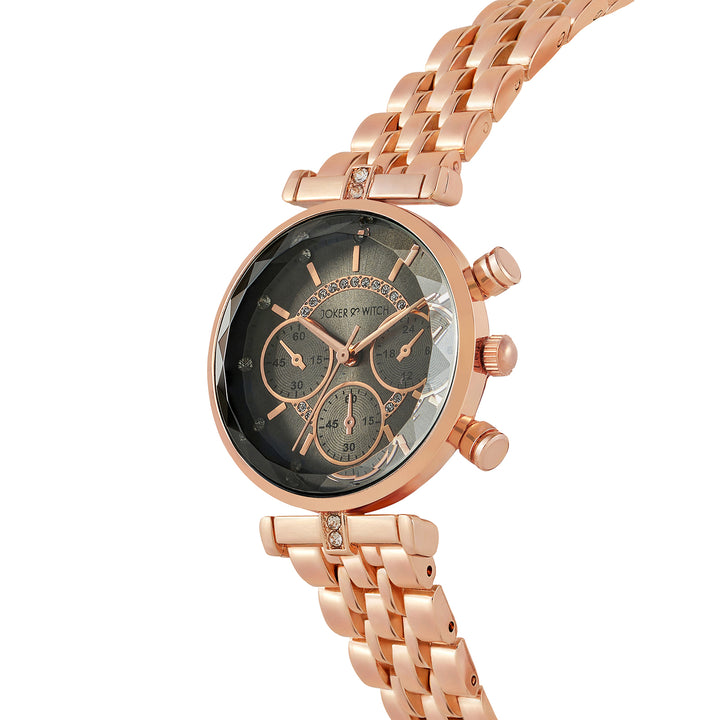 Solace Grey Sunray Crystal Glass Small Dial Rosegold Metallic Strap Women's Watch