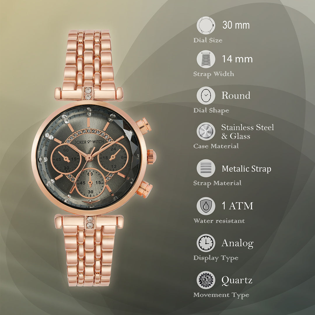 Solace Grey Sunray Crystal Glass Small Dial Rosegold Metallic Strap Women's Watch