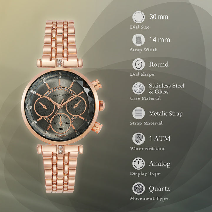 Solace Grey Sunray Crystal Glass Small Dial Rosegold Metallic Strap Women's Watch