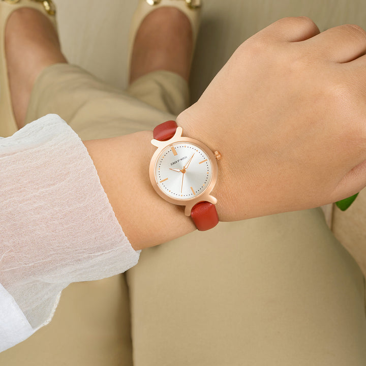 Opal Silver Sunray Medium Dial Brown PU Strap Women's Watch