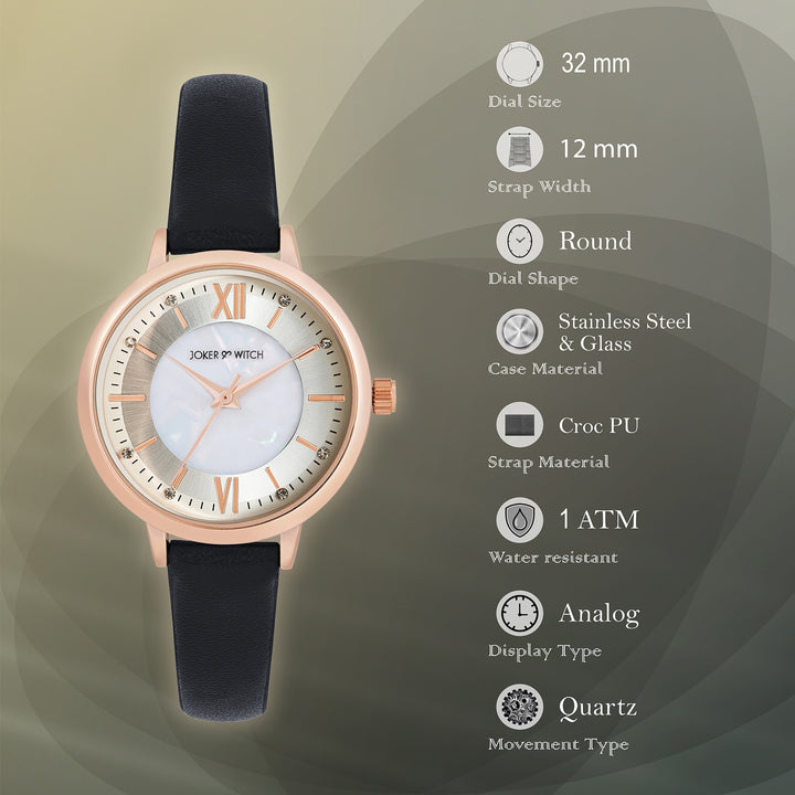 Skyfall White and MOP Medium Dial Black PU Strap Women's Watch