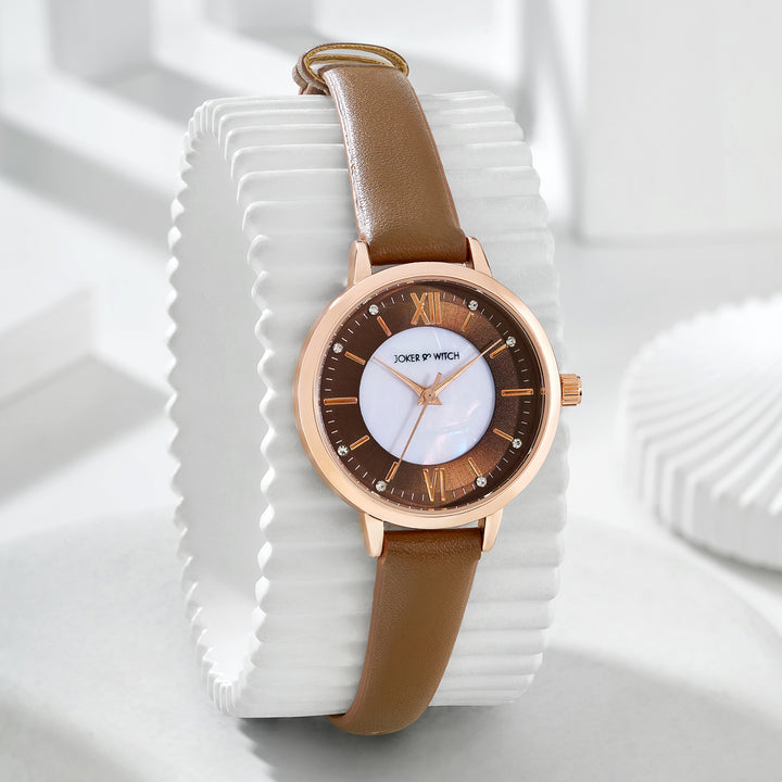 Skyfall Brown and MOP Medium Dial Brown PU Strap Women's Watch