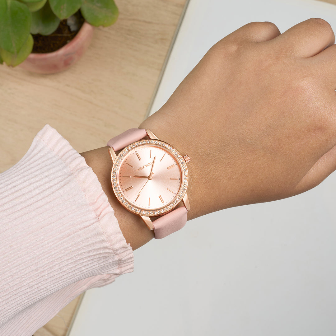 Halo Rosegold Sunray Large Rhinestone Dial Pink PU Strap Women's Watch