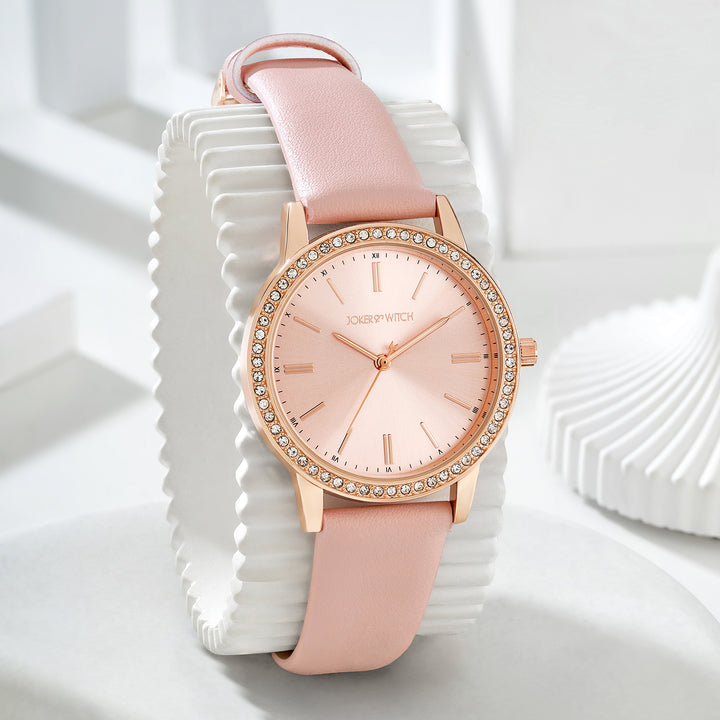 Halo Rosegold Sunray Large Rhinestone Dial Pink PU Strap Women's Watch