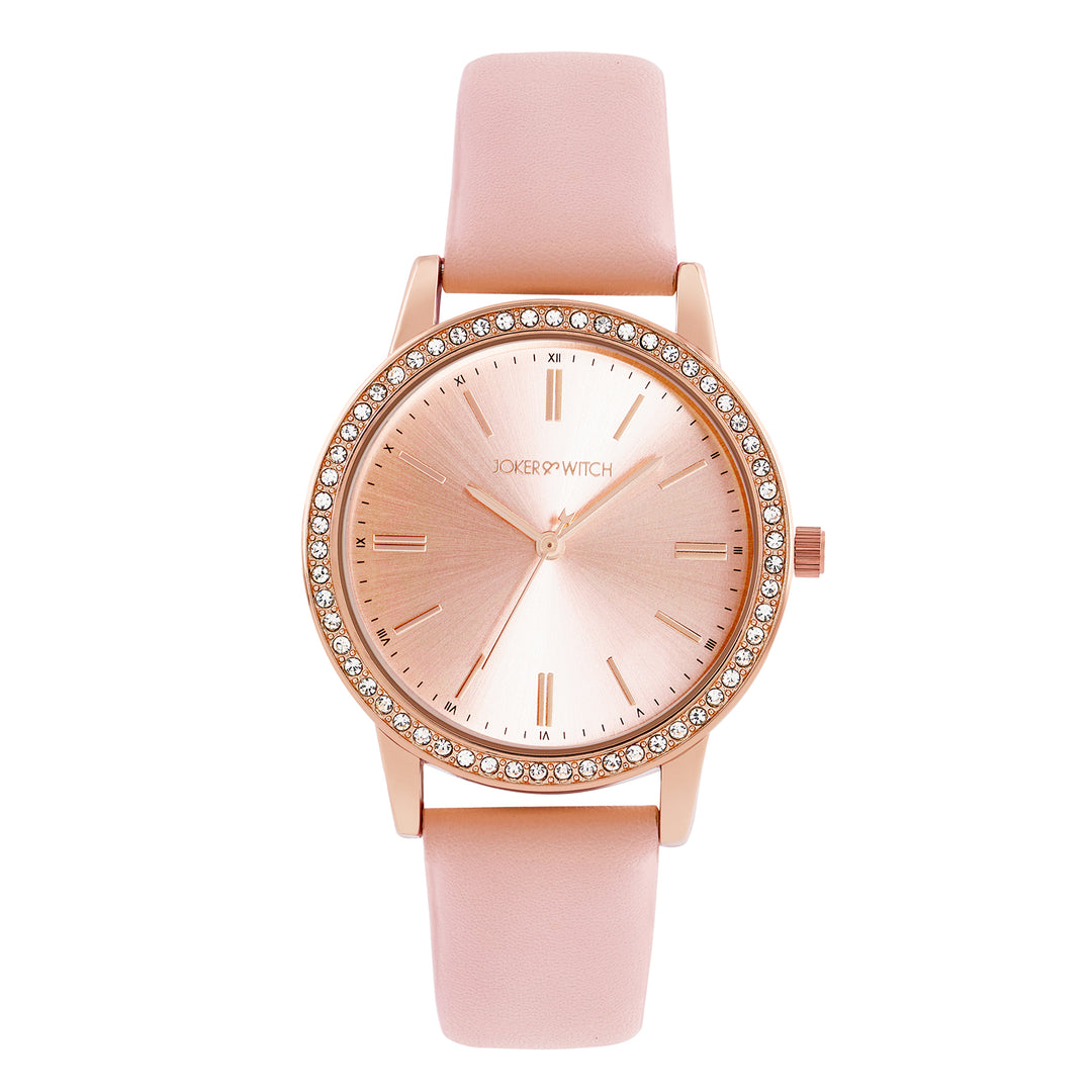Halo Rosegold Sunray Large Rhinestone Dial Pink PU Strap Women's Watch