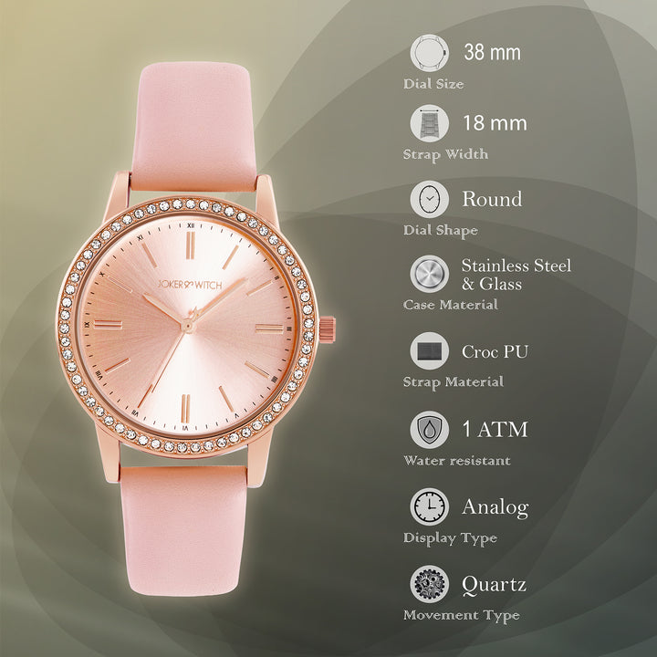 Halo Rosegold Sunray Large Rhinestone Dial Pink PU Strap Women's Watch