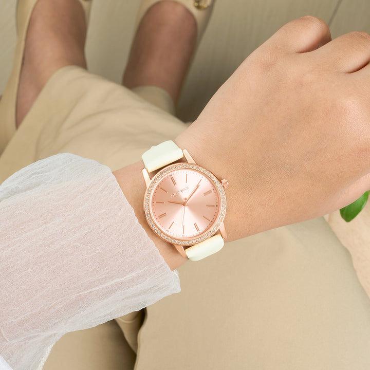 Halo Rosegold Sunray Large Rhinestone Dial White PU Strap Women's Watch