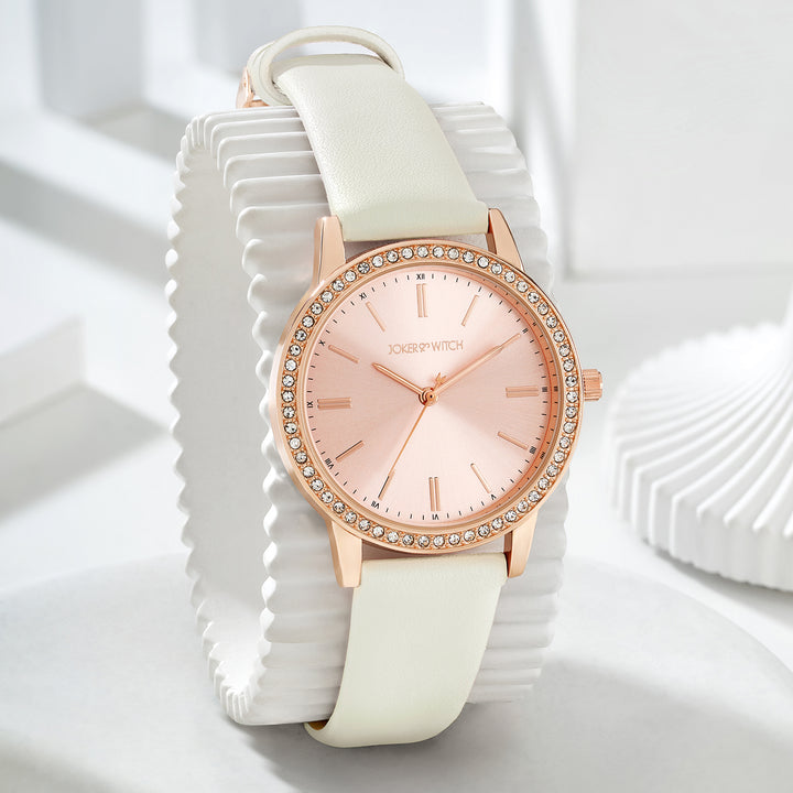 Halo Rosegold Sunray Large Rhinestone Dial White PU Strap Women's Watch