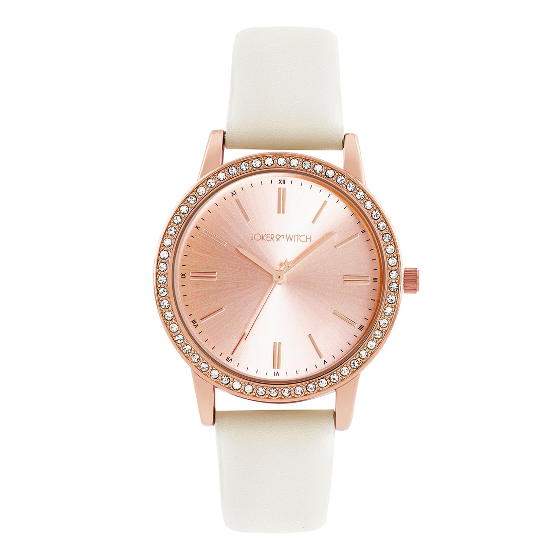 Halo Rosegold Sunray Large Rhinestone Dial White PU Strap Women's Watch
