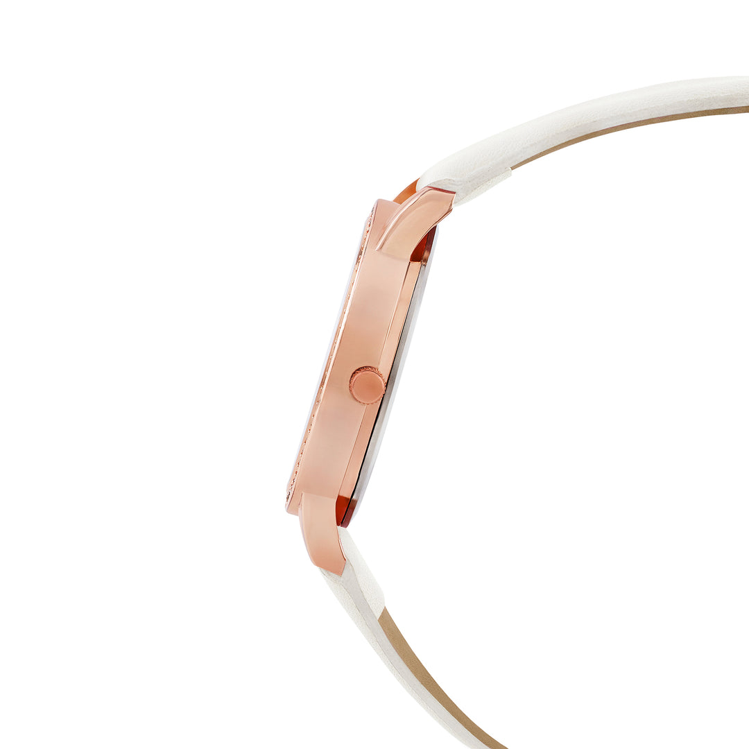 Halo Rosegold Sunray Large Rhinestone Dial White PU Strap Women's Watch