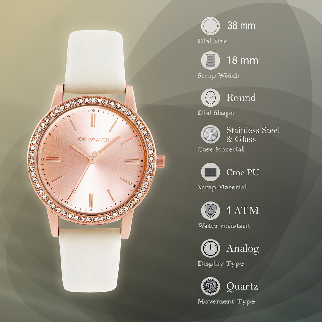 Halo Rosegold Sunray Large Rhinestone Dial White PU Strap Women's Watch