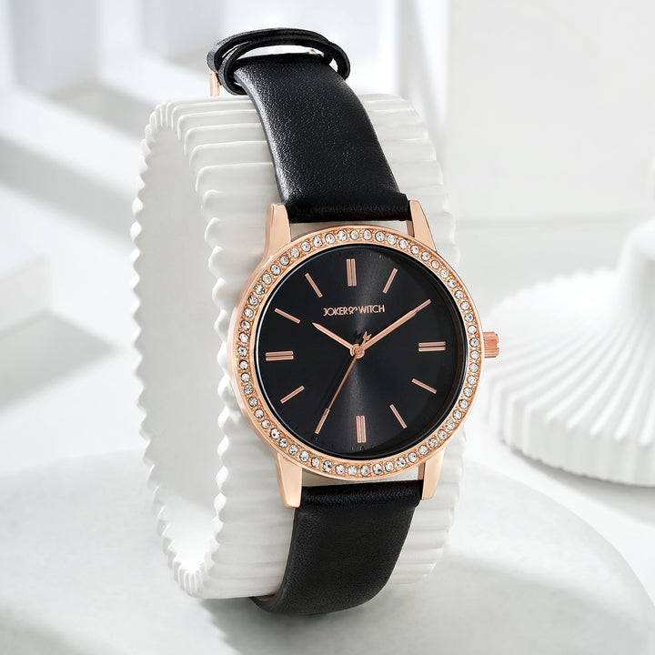 Halo Black Sunray Large Rhinestone Dial Black PU Strap Women's Watch