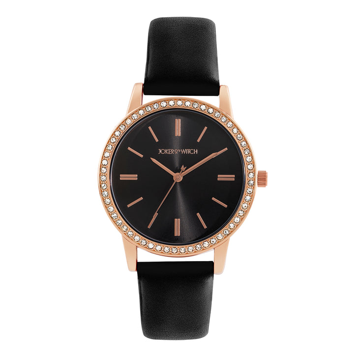 Halo Black Sunray Large Rhinestone Dial Black PU Strap Women's Watch