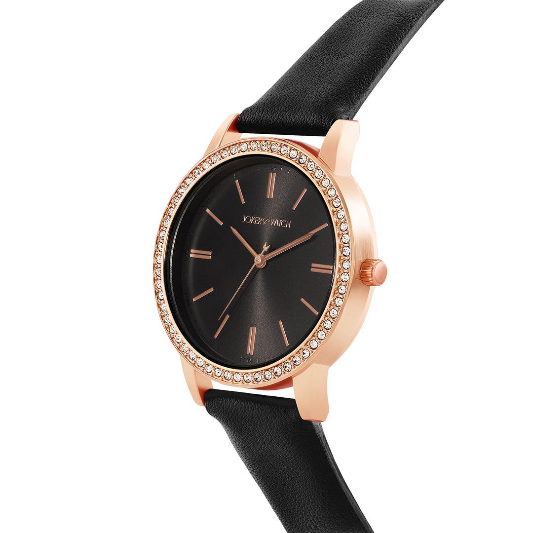 Halo Black Sunray Large Rhinestone Dial Black PU Strap Women's Watch