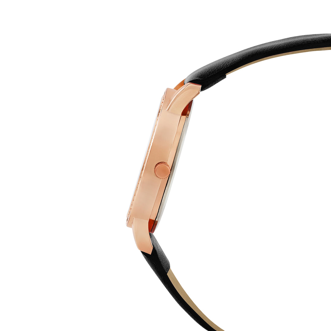 Halo Black Sunray Large Rhinestone Dial Black PU Strap Women's Watch