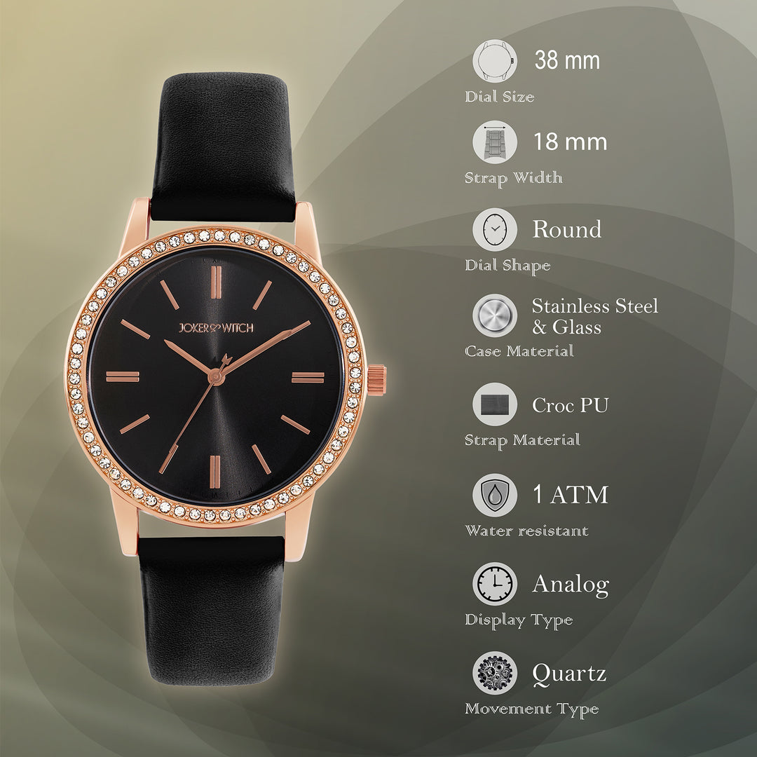 Halo Black Sunray Large Rhinestone Dial Black PU Strap Women's Watch