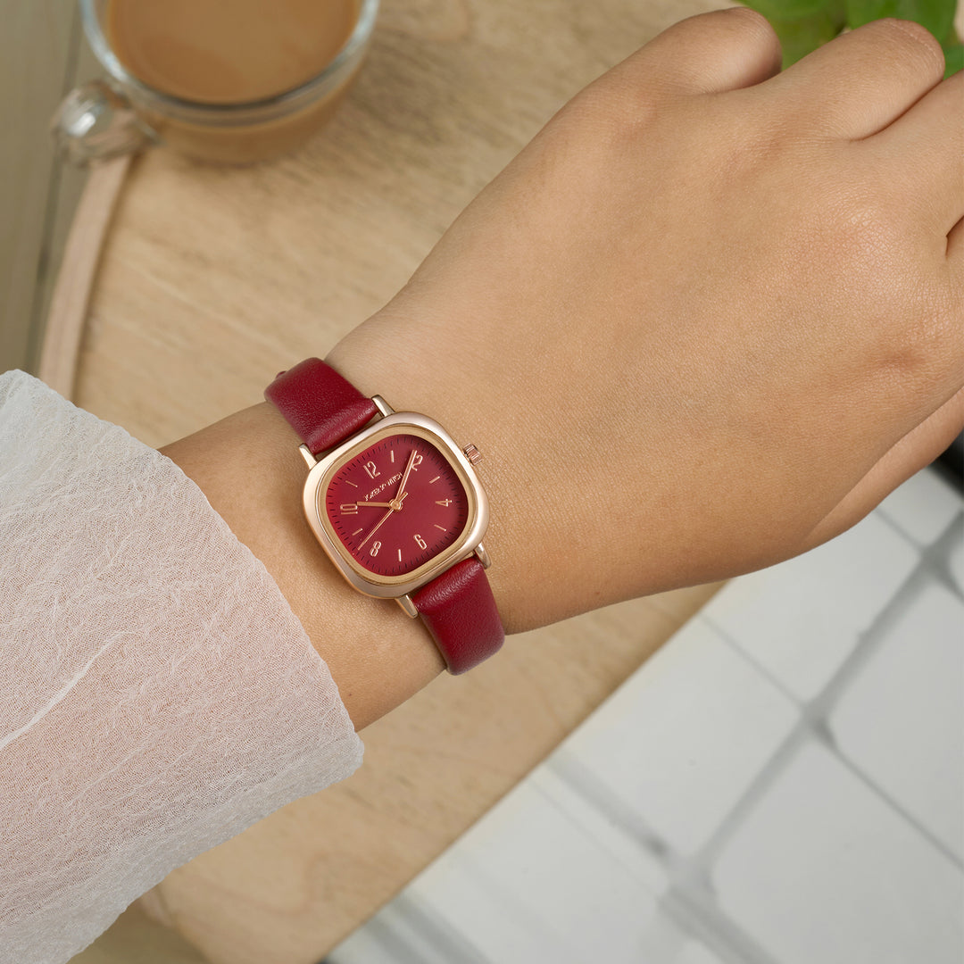 Cinque Maroon Mini Square Dial Maroon PU Strap Women's Watch