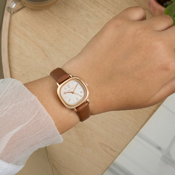 Cinque Cream Mini Square Dial Brown PU Strap Women's Watch