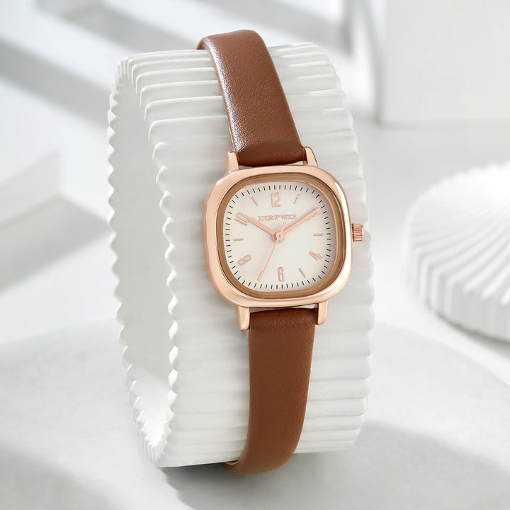 Cinque Cream Mini Square Dial Brown PU Strap Women's Watch