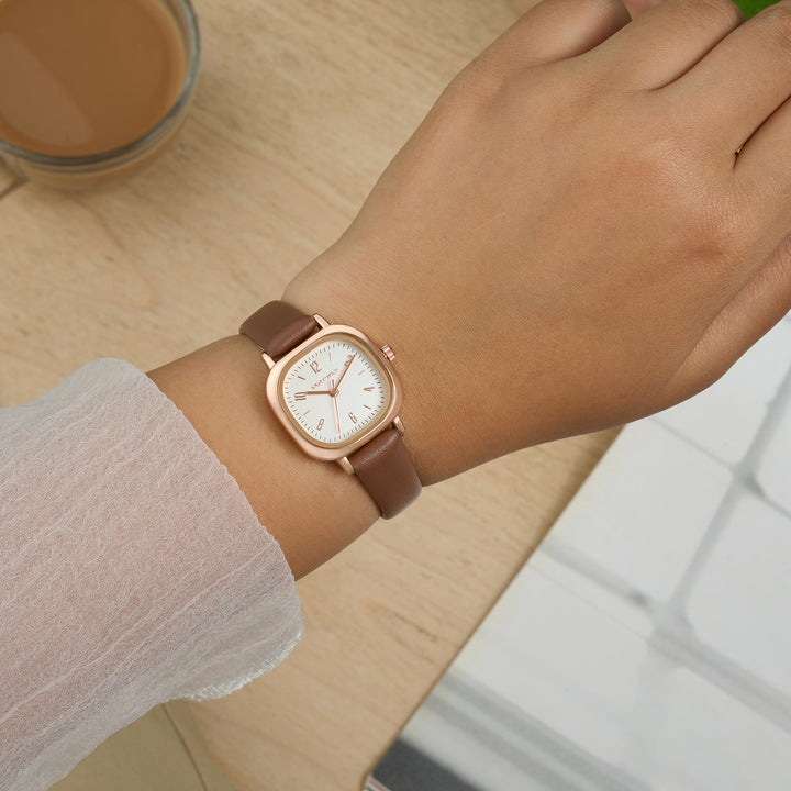 Cinque Cream Mini Square Dial Chocolate PU Strap Women's Watch