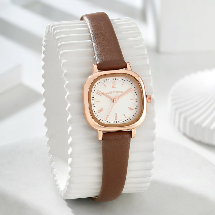 Cinque Cream Mini Square Dial Chocolate PU Strap Women's Watch