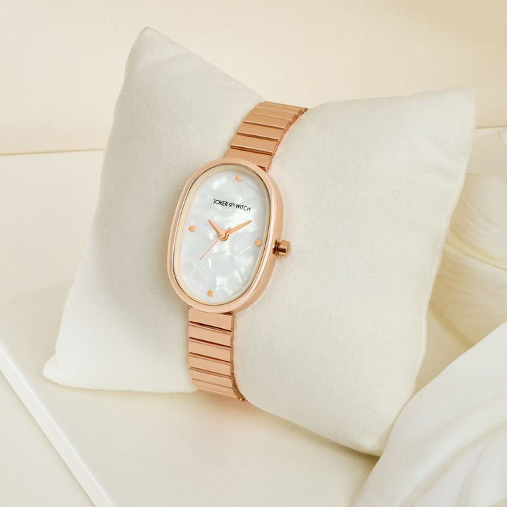 Eterna White MOP Small Oval Dial Rose Gold Linked Chain Strap Women's Watch