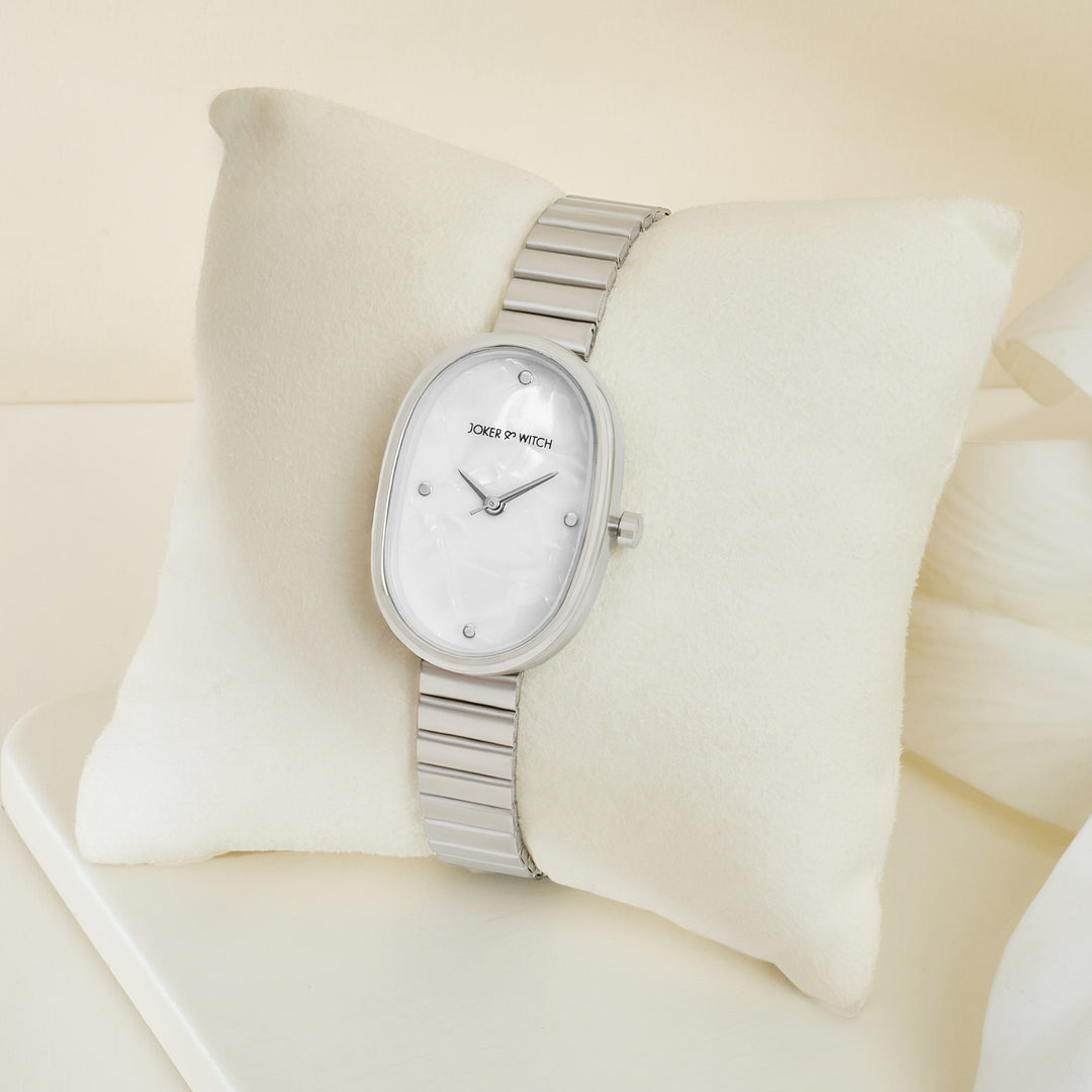 Eterna White MOP Small Oval Dial Silver Linked Chain Strap Women's Watch