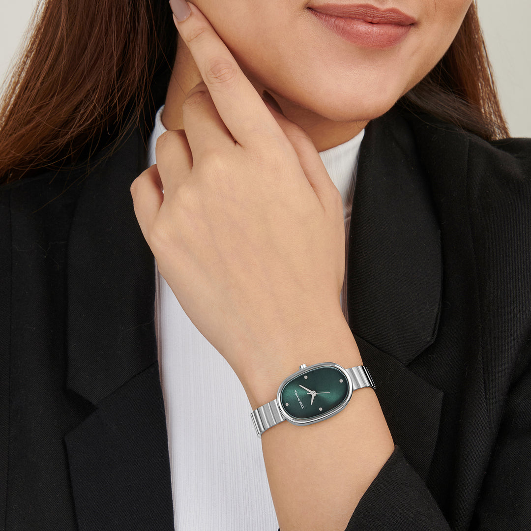 Eterna Emerald Sunray Small Oval Dial Silver Linked Chain Strap Women's Watch