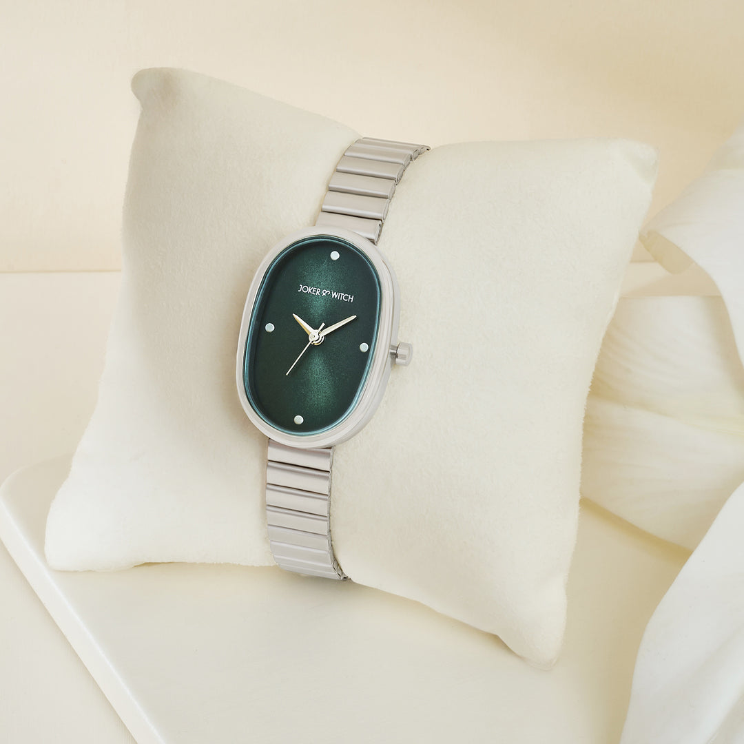Eterna Emerald Sunray Small Oval Dial Silver Linked Chain Strap Women's Watch
