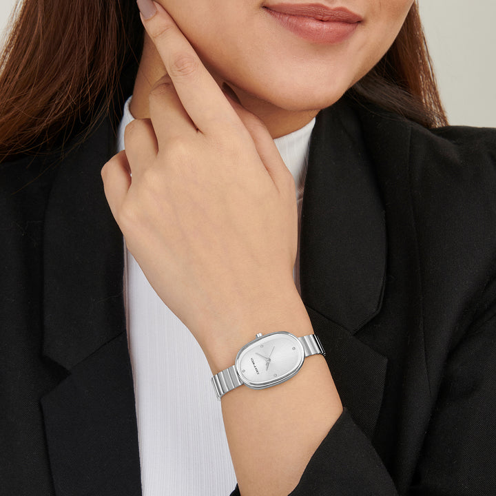 Eterna Silver Sunray Small Oval Dial Silver Linked Chain Strap Women's Watch